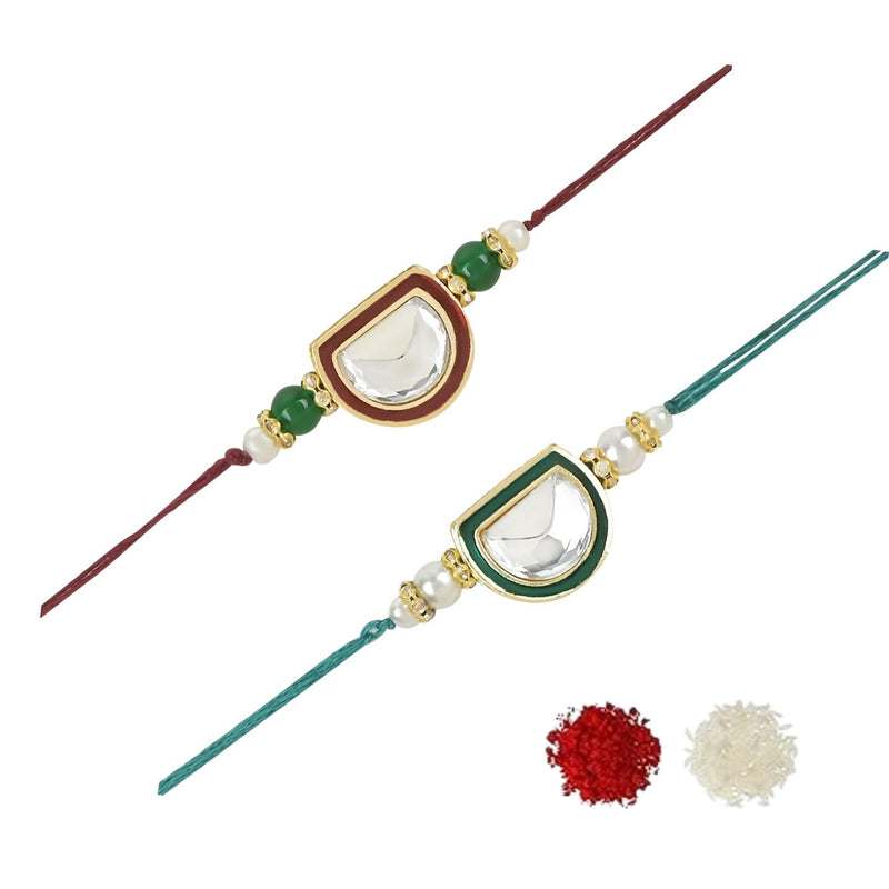 Etnico I Jewels Pearl & Kundan Designer Bhaiya Rakhi With Roli Chawal for Brother/Bro/Men with Rakshabandhan Card (R095M-G)