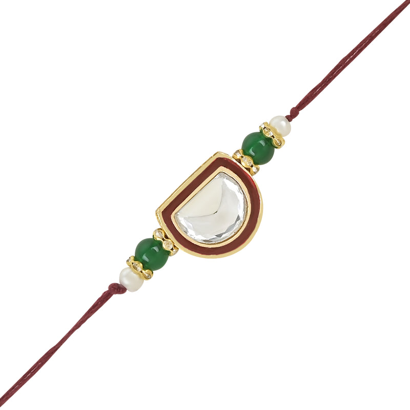 Etnico I Jewels Pearl & Kundan Designer Bhaiya Rakhi With Roli Chawal for Brother/Bro/Men with Rakshabandhan Card (R095M-G)