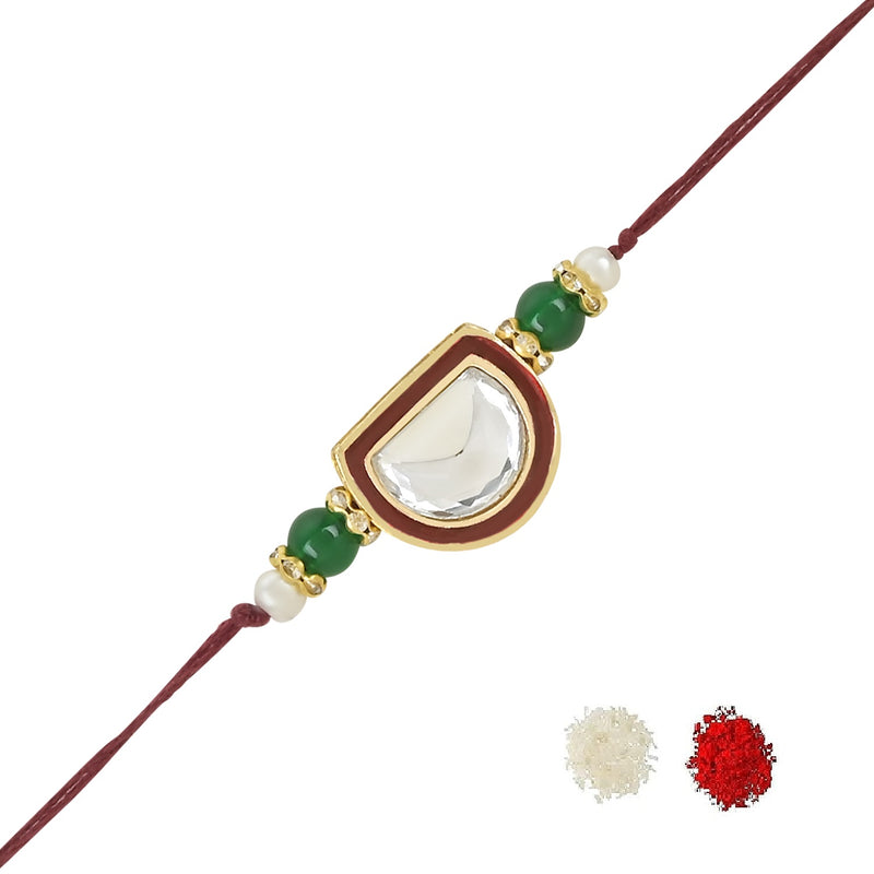 Etnico I Jewels Pearl & Kundan Designer Bhaiya Rakhi With Roli Chawal for Brother/Bro/Men with Rakshabandhan Card (R095M)