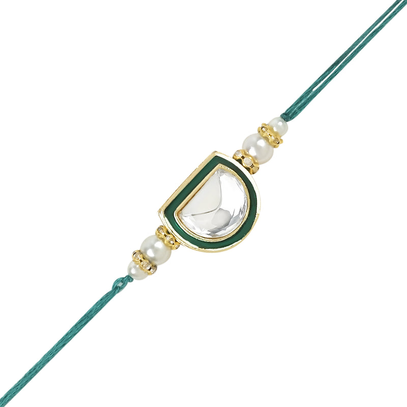 Etnico I Jewels Pearl & Kundan Designer Bhaiya Rakhi With Roli Chawal for Brother/Bro/Men with Rakshabandhan Card (R095Min-G-Pe)