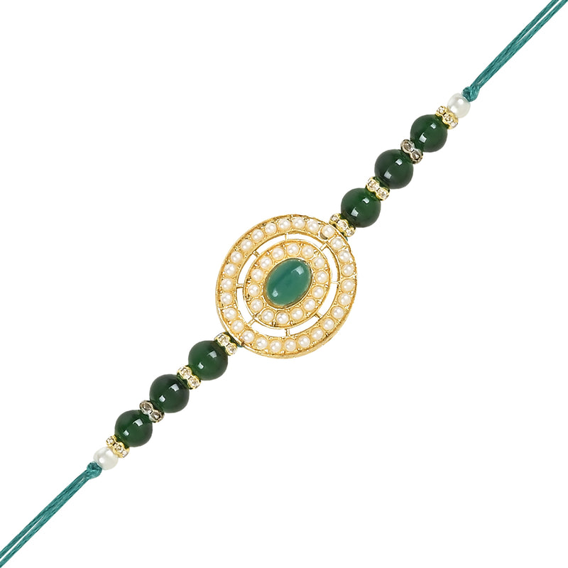 Etnico I Jewels Pearl & Kundan Designer Bhaiya Rakhi With Roli Chawal for Brother/Bro/Men with Rakshabandhan Card (R096-4)