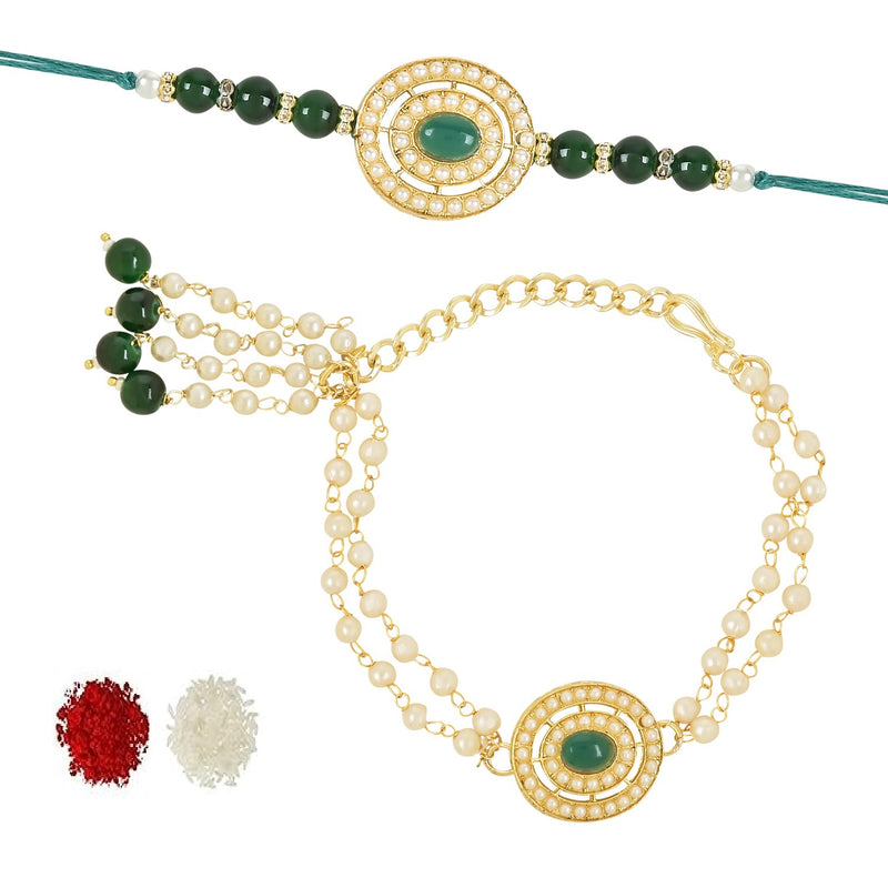 Etnico I Jewels Designer Kundan & Pearl Hanging Bhaiya Bhabhi Lumba Rakhi Combo Set with Roli Chawal and Rakshabandhan Card (R096G-CO)