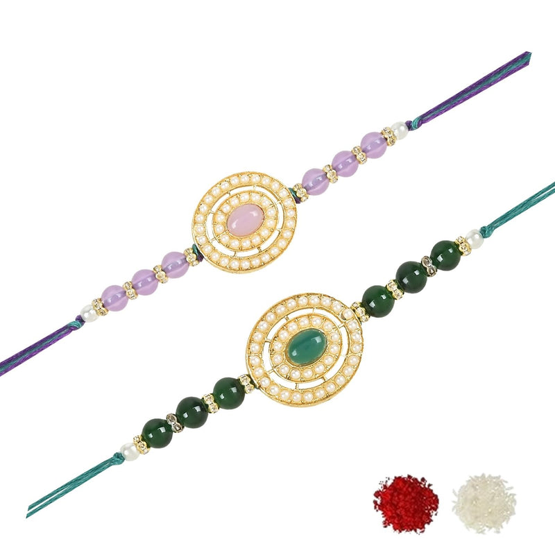 Etnico I Jewels Pearl & Kundan Designer Bhaiya Rakhi With Roli Chawal for Brother/Bro/Men with Rakshabandhan Card (R096G-Pu)