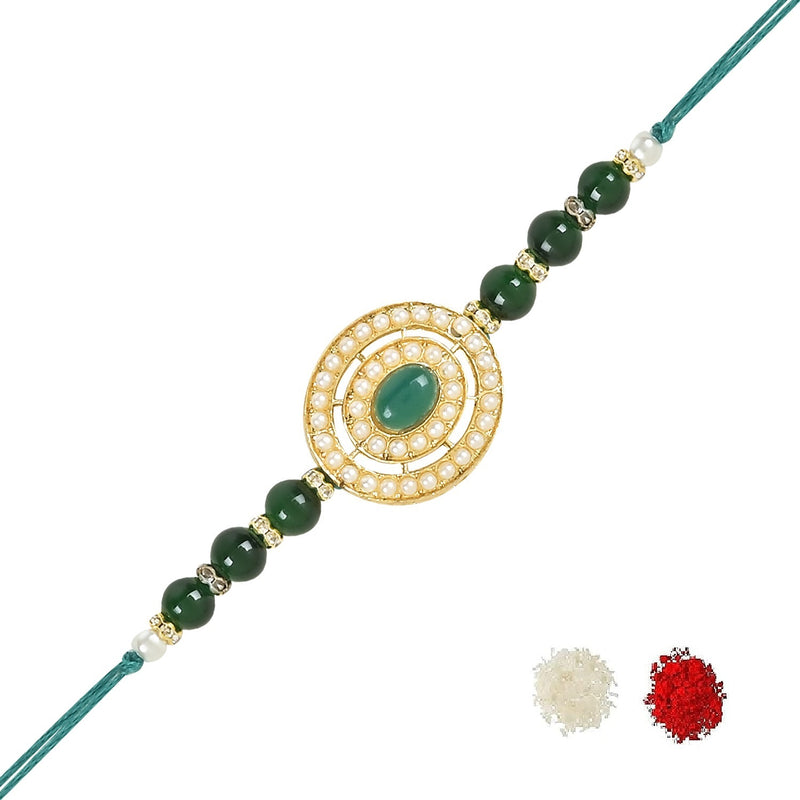 Etnico I Jewels Rakshabandhan Designer Handcrafted Pearl & Kundan Bhaiya Rakhi With Roli Chawal for Brother/Bro/Men(R096G)