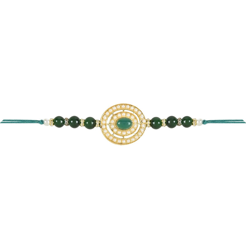 Etnico I Jewels Rakshabandhan Designer Handcrafted Pearl & Kundan Bhaiya Rakhi With Roli Chawal for Brother/Bro/Men(R096G)