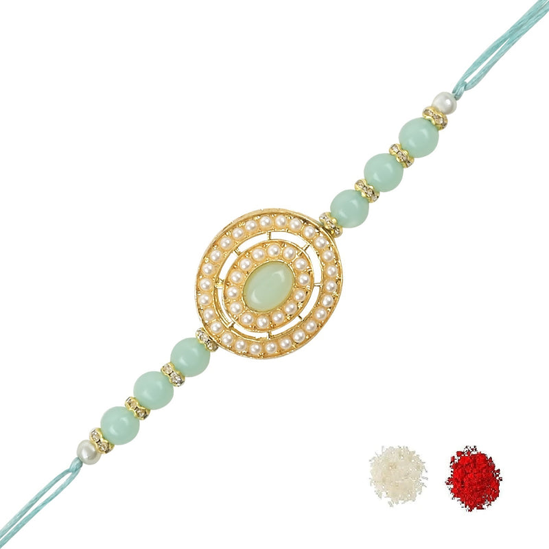 Etnico I Jewels Rakshabandhan Designer Handcrafted Pearl & Kundan Bhaiya Rakhi With Roli Chawal for Brother/Bro/Men(R096Min)