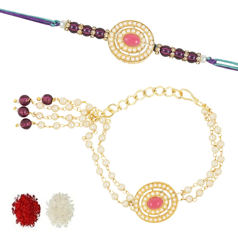 Etnico I Jewels Designer Kundan & Pearl Hanging Bhaiya Bhabhi Lumba Rakhi Combo Set with Roli Chawal and Rakshabandhan Card (R096Pi-CO)