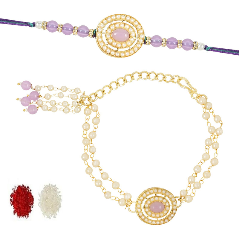 Etnico I Jewels Designer Kundan & Pearl Hanging Bhaiya Bhabhi Lumba Rakhi Combo Set with Roli Chawal and Rakshabandhan Card (R096Pu-CO)