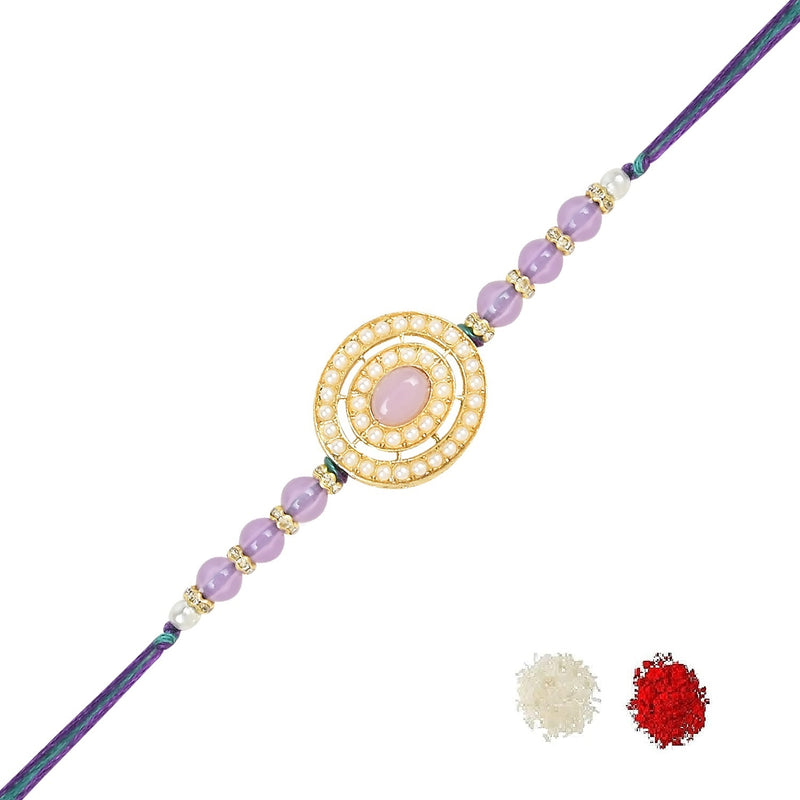 Etnico I Jewels Rakshabandhan Designer Handcrafted Pearl & Kundan Bhaiya Rakhi With Roli Chawal for Brother/Bro/Men(R096Pu)