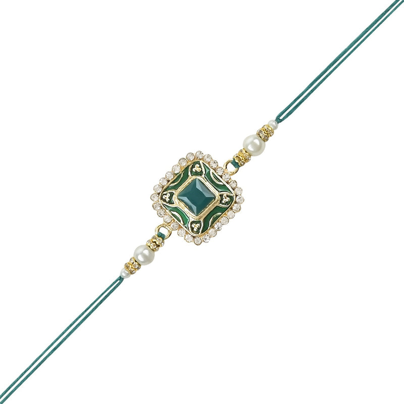 Etnico I Jewels Pearl & Kundan Designer Bhaiya Rakhi With Roli Chawal for Brother/Bro/Men with Rakshabandhan Card (R098G-2)