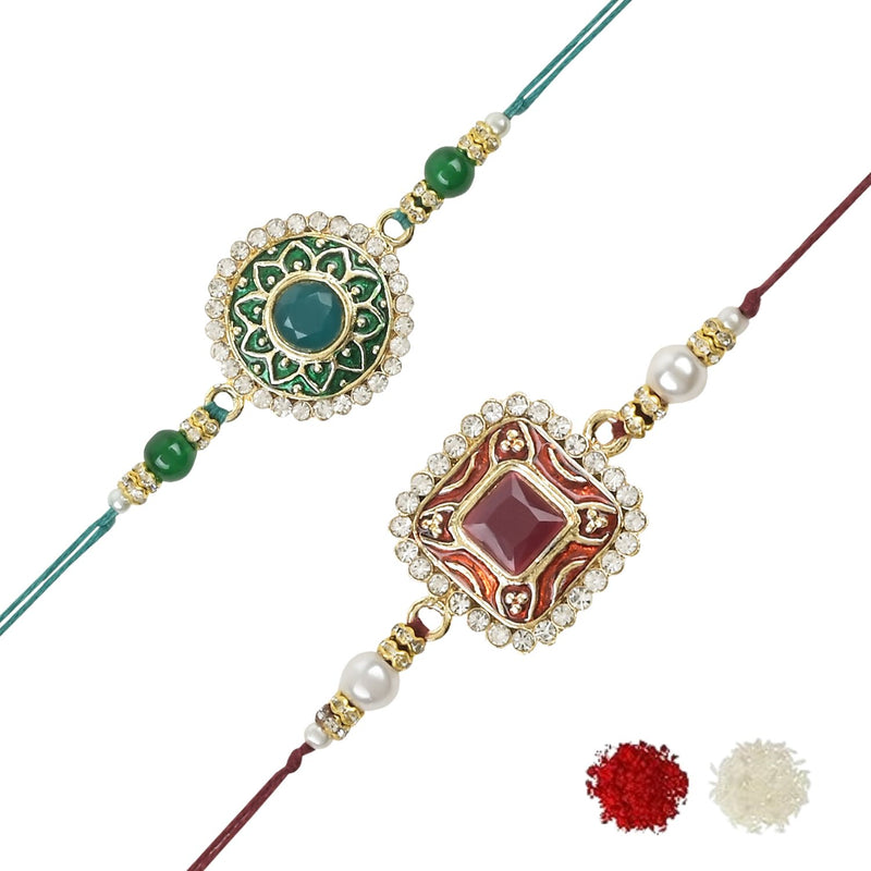 Etnico I Jewels Pearl & Kundan Designer Bhaiya Rakhi With Roli Chawal for Brother/Bro/Men with Rakshabandhan Card (R098M-100G)