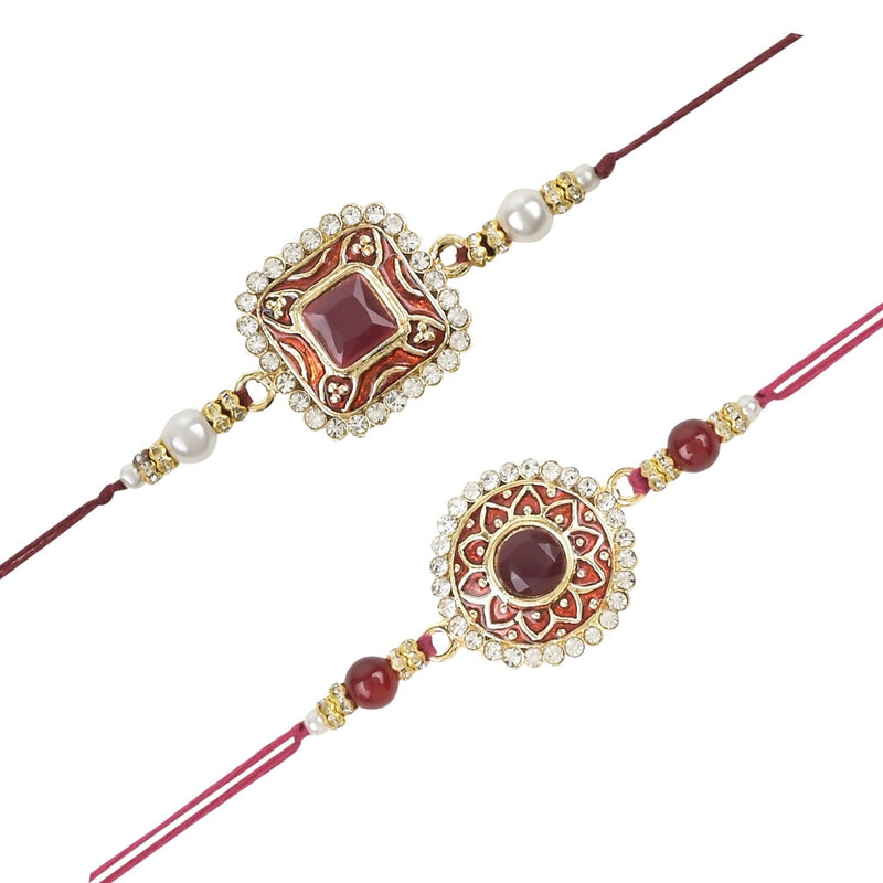 Etnico I Jewels Pearl & Kundan Designer Bhaiya Rakhi With Roli Chawal for Brother/Bro/Men with Rakshabandhan Card (R098M-100M)