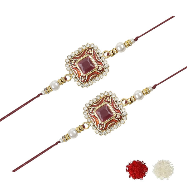 Etnico I Jewels Pearl & Kundan Designer Bhaiya Rakhi With Roli Chawal for Brother/Bro/Men with Rakshabandhan Card (R098M-2)