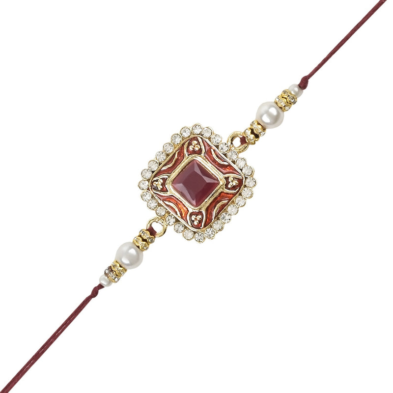 Etnico I Jewels Pearl & Kundan Designer Bhaiya Rakhi With Roli Chawal for Brother/Bro/Men with Rakshabandhan Card (R098M-2)