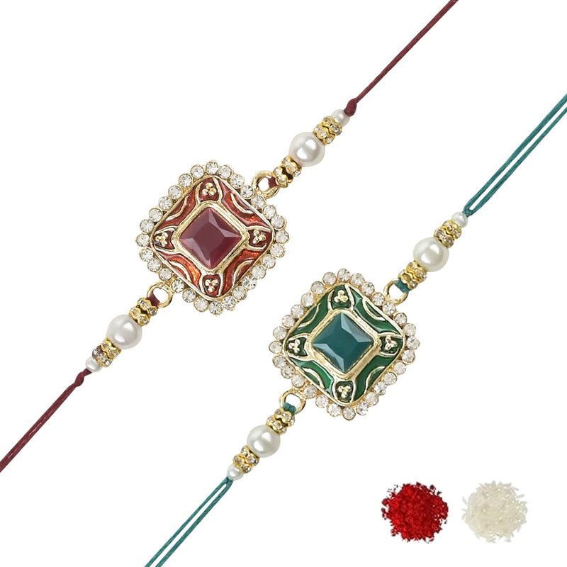 Etnico I Jewels Pearl & Kundan Designer Bhaiya Rakhi With Roli Chawal for Brother/Bro/Men with Rakshabandhan Card (R098M-G)