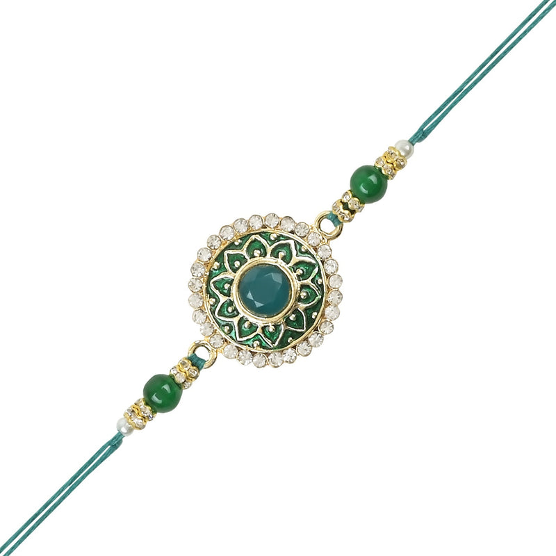 Etnico I Jewels Rakshabandhan Designer Handcrafted Pearl & Kundan Bhaiya Rakhi With Roli Chawal for Brother/Bro/Men (R100G-2)