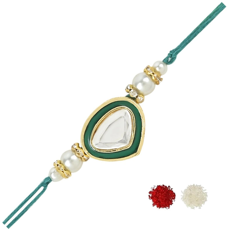 Etnico I Jewels Designer Meenakari Kundan Pearl Rakhi With Roli Chawal & Rakshabandhan Card For Brother/Bhai/Bro/Men (R101G)