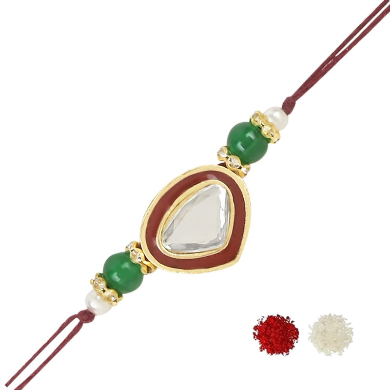 Etnico I Jewels Designer Meenakari Kundan Pearl Rakhi With Roli Chawal & Rakshabandhan Card For Brother/Bhai/Bro/Men (R101M)