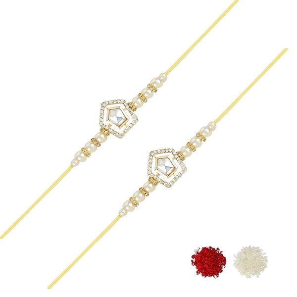 Etnico I Jewels Pearl & Kundan Designer Bhaiya Rakhi With Roli Chawal for Brother/Bro/Men with Rakshabandhan Card (R102W-2) (Pack of 2)