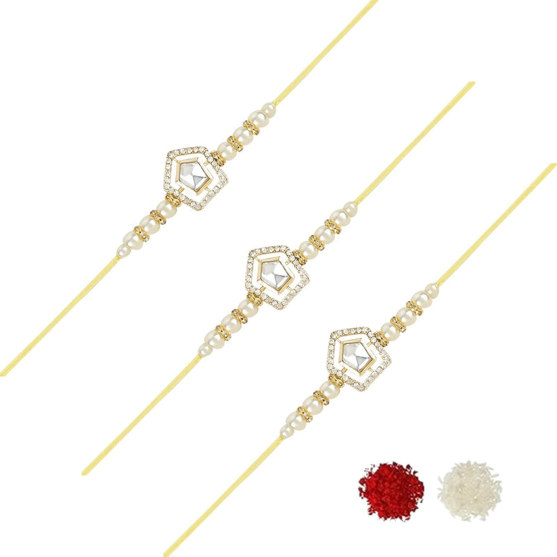 Etnico I Jewels Pearl & Kundan Designer Bhaiya Rakhi With Roli Chawal for Brother/Bro/Men with Rakshabandhan Card (R102W-3) (Pack of 3)