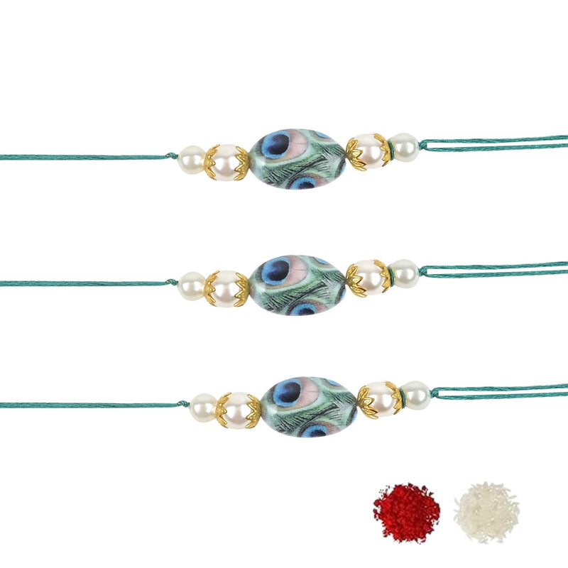 Etnico I Jewels Pearl & Peacock Feather Designer Bhaiya Rakhi With Roli Chawal for Brother/Bro/Men with Rakshabandhan Card (R103-3) (Pack of 3)