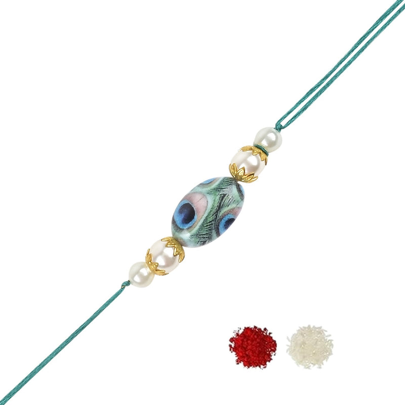 Etnico I Jewels Pearl & Peacock Feather Designer Bhaiya Rakhi With Roli Chawal for Brother/Bro/Men with Rakshabandhan Card ((R103)