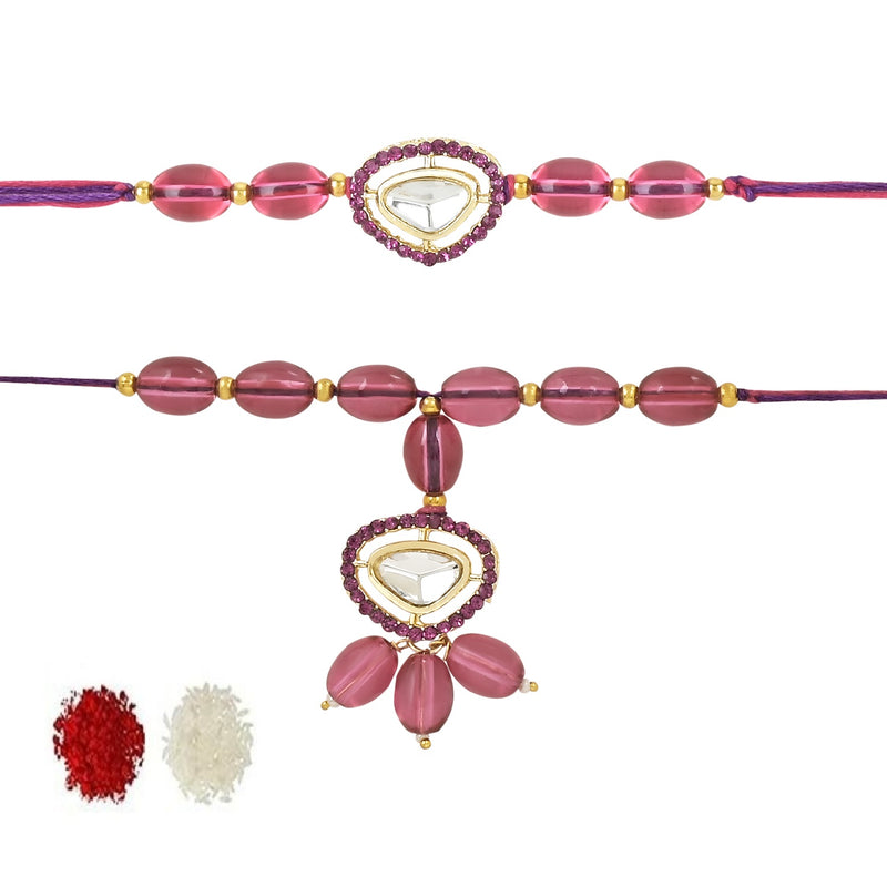 Etnico I Jewels Designer Kundan & Pearl Hanging Bhaiya Bhabhi Lumba Rakhi Combo Set with Roli Chawal and Rakshabandhan Card (R104Wi-CO)