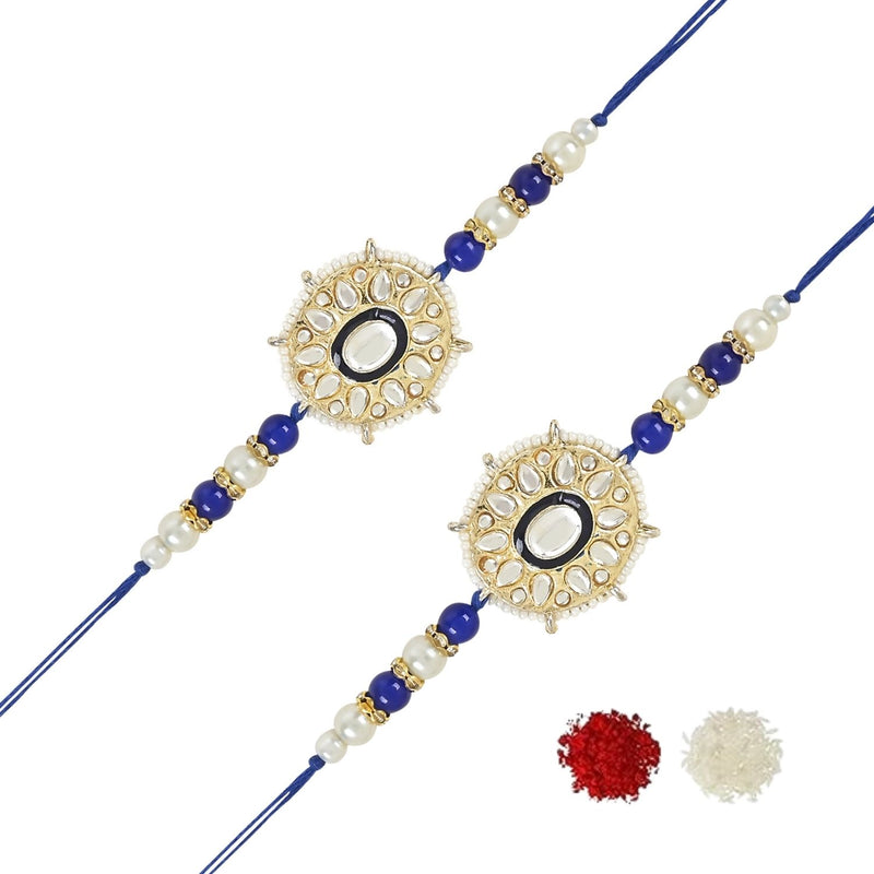 Etnico I Jewels Pearl & Kundan Designer Bhaiya Rakhi With Roli Chawal for Brother/Bro/Men with Rakshabandhan Card (R105Bl-2) (Pack of 2)