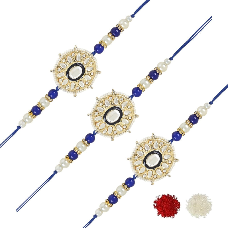 Etnico I Jewels Rakshabandhan Designer Handcrafted Pearl & Kundan Bhaiya Rakhi With Roli Chawal for Brother/Bro/Men (R105Bl-3)