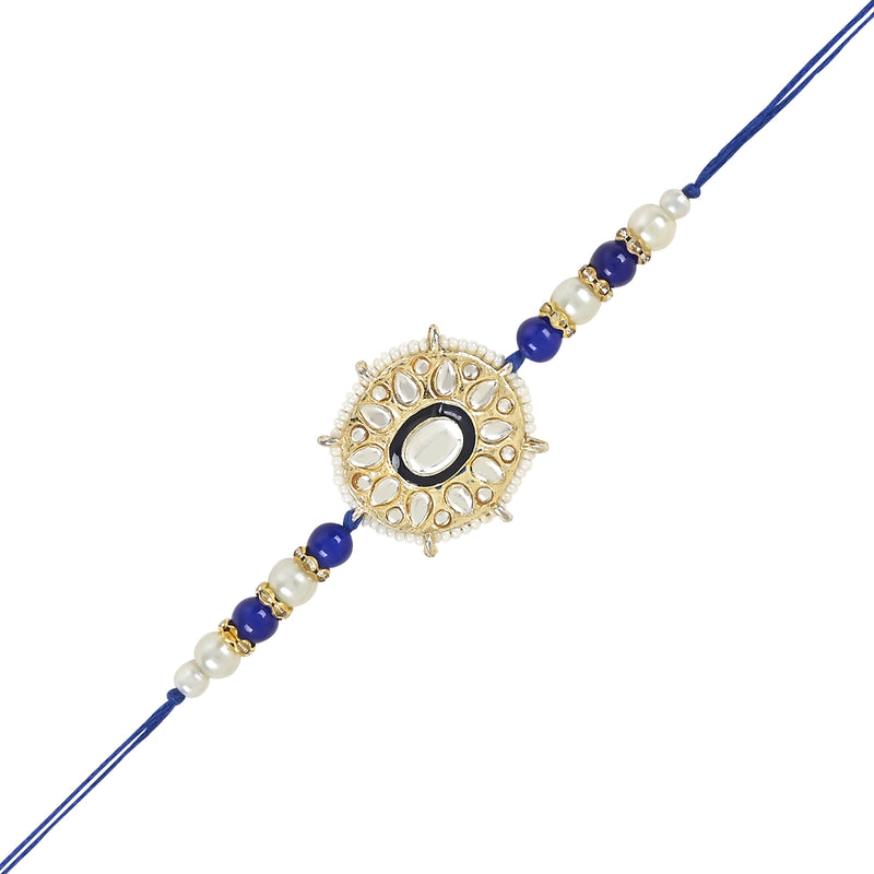 Etnico I Jewels Rakshabandhan Designer Handcrafted Pearl & Kundan Bhaiya Rakhi With Roli Chawal for Brother/Bro/Men (R105Bl-3)