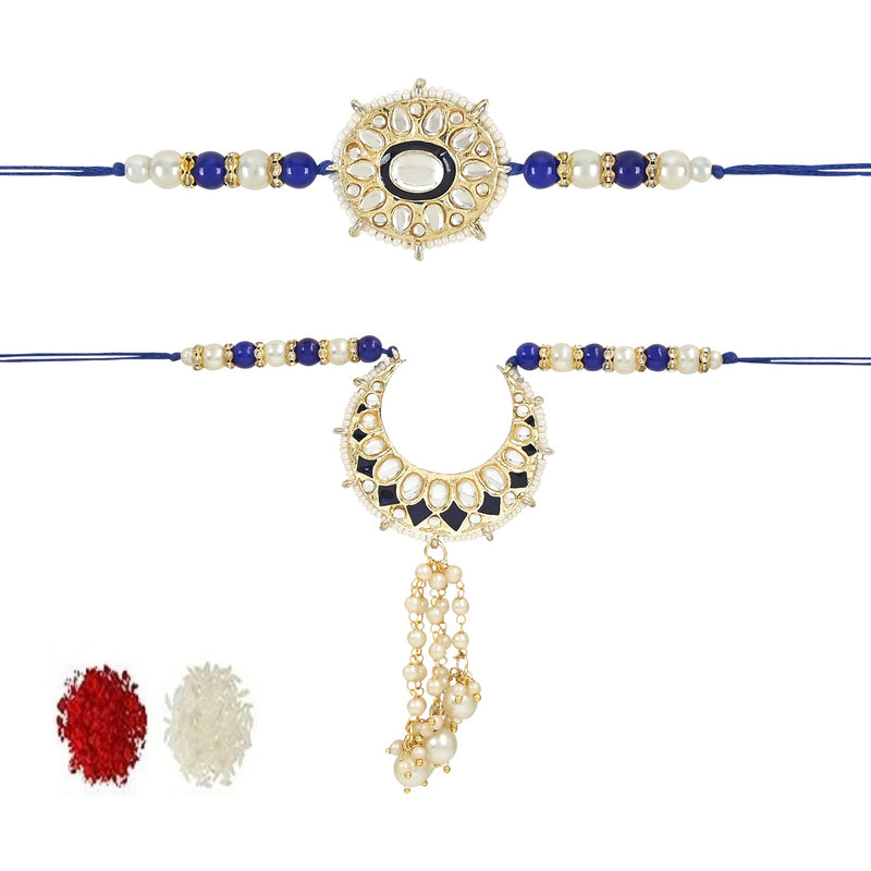 Etnico I Jewels Designer Kundan & Pearl Hanging Bhaiya Bhabhi Lumba Rakhi Combo Set with Roli Chawal and Rakshabandhan Card (R105Bl-CO)