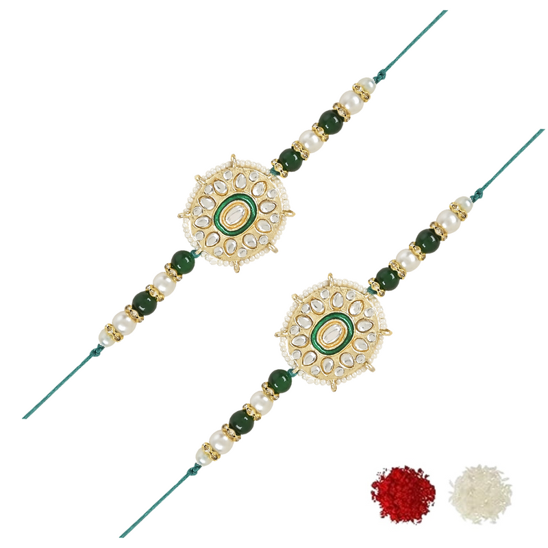 Etnico I Jewels Pearl & Kundan Designer Bhaiya Rakhi With Roli Chawal for Brother/Bro/Men with Rakshabandhan Card (R105G-2) (Pack of 2)