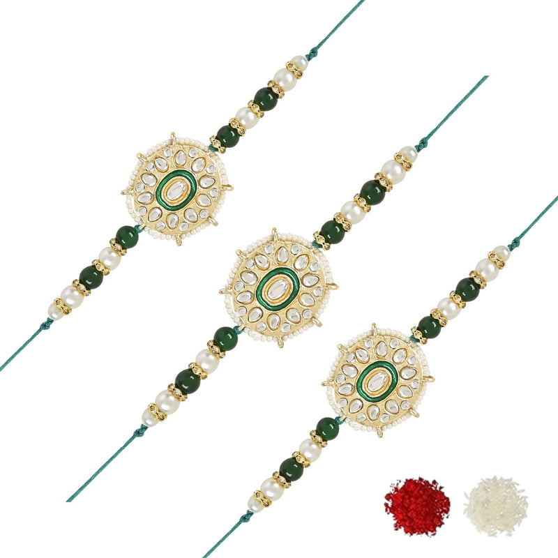 Etnico I Jewels Rakshabandhan Designer Handcrafted Pearl & Kundan Bhaiya Rakhi With Roli Chawal for Brother/Bro/Men (R105G-3)