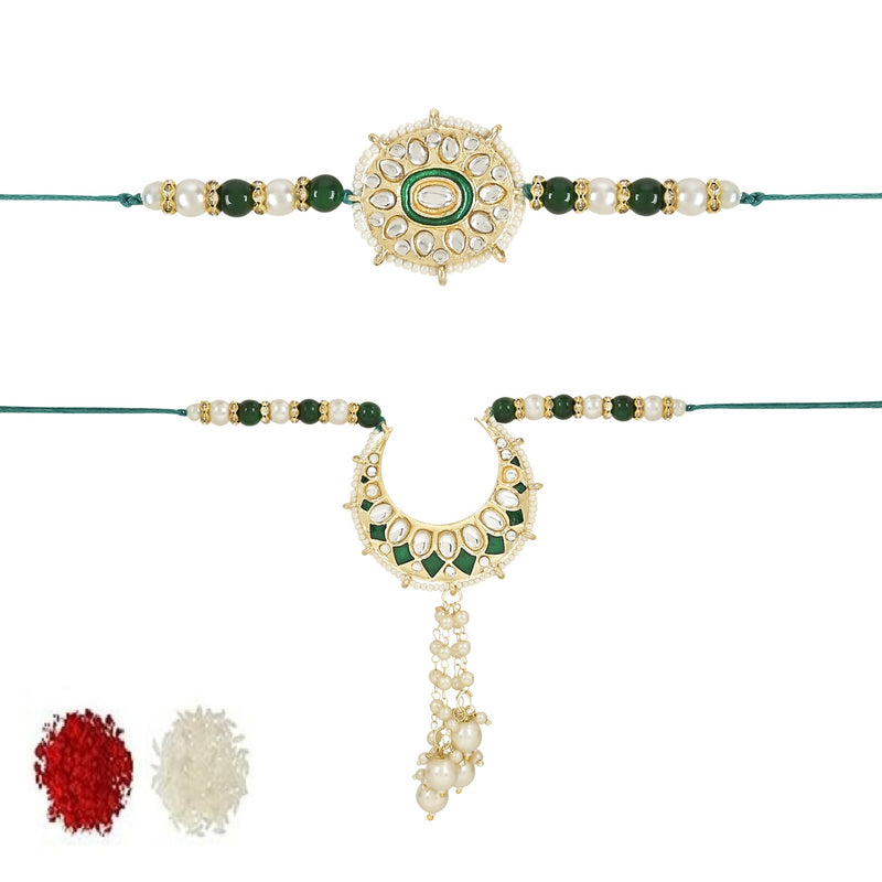 Etnico I Jewels Designer Kundan & Pearl Hanging Bhaiya Bhabhi Lumba Rakhi Combo Set with Roli Chawal and Rakshabandhan Card (R105G-CO)