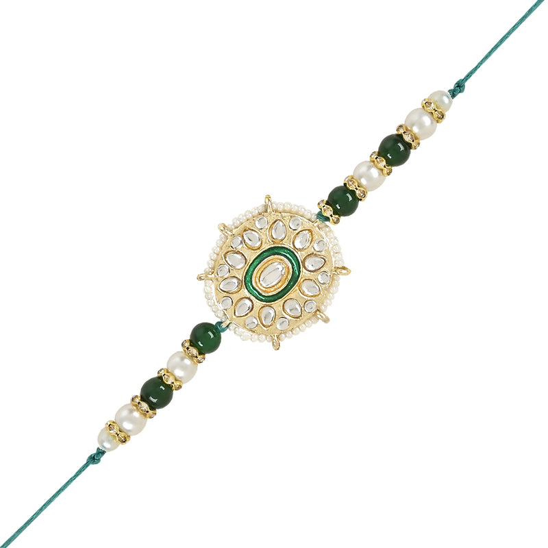 Etnico I Jewels Designer Kundan & Pearl Hanging Bhaiya Bhabhi Lumba Rakhi Combo Set with Roli Chawal and Rakshabandhan Card (R105G-CO)