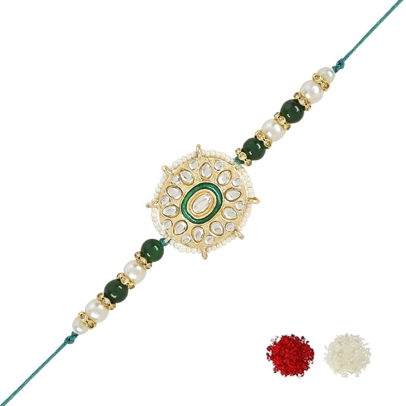 Etnico I Jewels Pearl & Kundan Designer Bhaiya Rakhi With Roli Chawal for Brother/Bro/Men with Rakshabandhan Card (R105G)