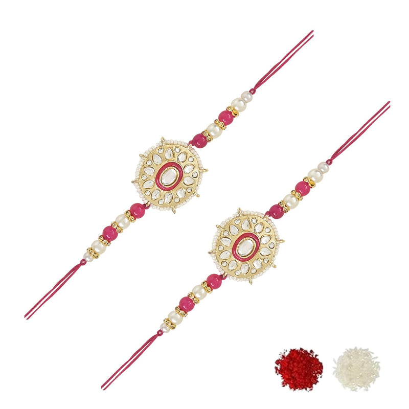 Etnico I Jewels Pearl & Kundan Designer Bhaiya Rakhi With Roli Chawal for Brother/Bro/Men with Rakshabandhan Card (R105Q-2) (Pack of 2)