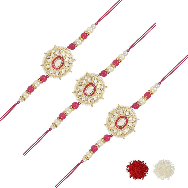 Etnico I Jewels Rakshabandhan Designer Handcrafted Pearl & Kundan Bhaiya Rakhi With Roli Chawal for Brother/Bro/Men (R105Q-3)