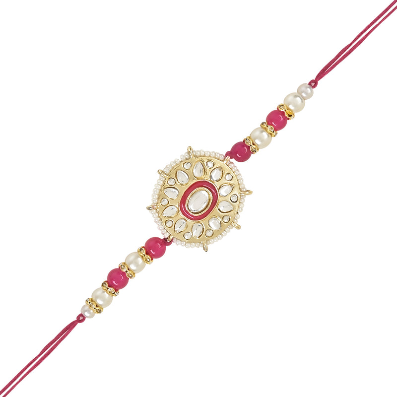 Etnico I Jewels Rakshabandhan Designer Handcrafted Pearl & Kundan Bhaiya Rakhi With Roli Chawal for Brother/Bro/Men (R105Q-3)