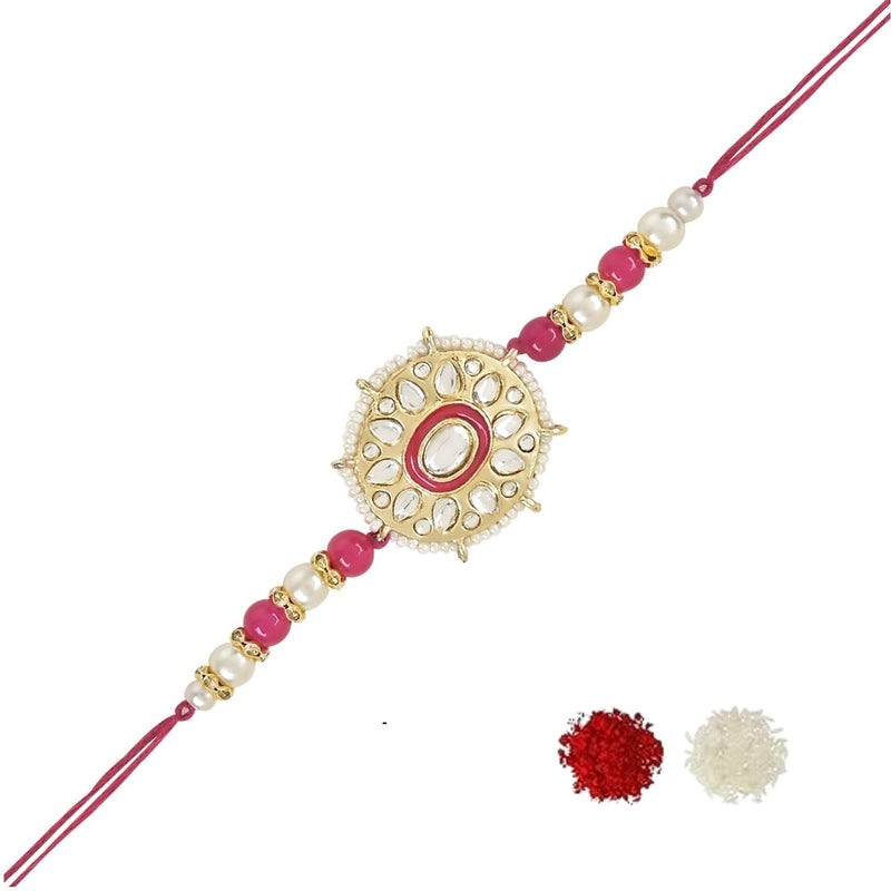 Etnico I Jewels Pearl & Kundan Designer Bhaiya Rakhi With Roli Chawal for Brother/Bro/Men with Rakshabandhan Card (R105Q)