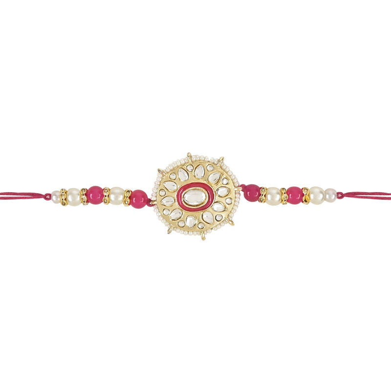 Etnico I Jewels Pearl & Kundan Designer Bhaiya Rakhi With Roli Chawal for Brother/Bro/Men with Rakshabandhan Card (R105Q)