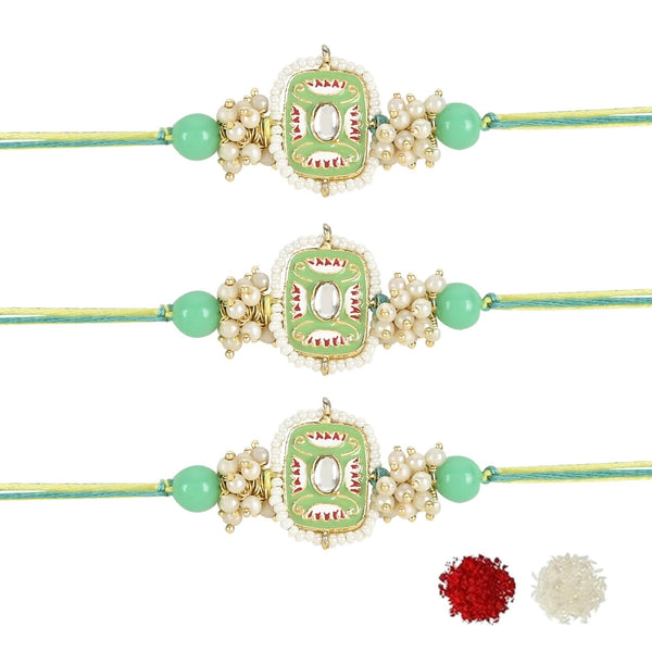 Etnico I Jewels Pearl & Kundan Designer Bhaiya Rakhi With Roli Chawal for Brother/Bro/Men with Rakshabandhan Card (R106Min-3) (Pack of 3)