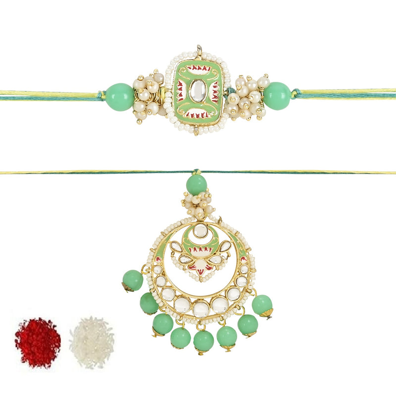 Etnico I Jewels Designer Kundan & Pearl Hanging Bhaiya Bhabhi Lumba Rakhi Combo Set with Roli Chawal and Rakshabandhan Card (R106Min-CO)