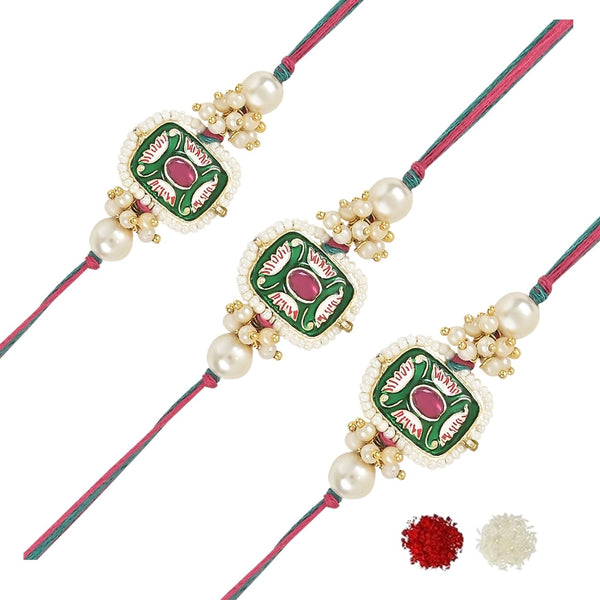 Etnico I Jewels Pearl & Kundan Designer Bhaiya Rakhi With Roli Chawal for Brother/Bro/Men with Rakshabandhan Card (R106Mul-3) (Pack of 3)