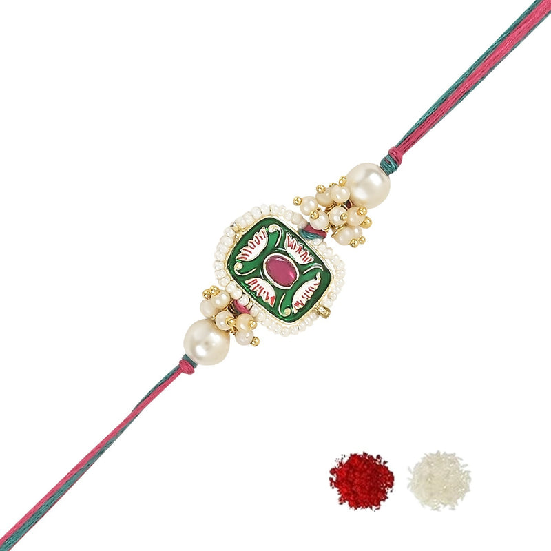 Etnico I Jewels Pearl & Meenakari Designer Bhaiya Rakhi With Roli Chawal for Brother/Bro/Men with Rakshabandhan Card (R106Mul)