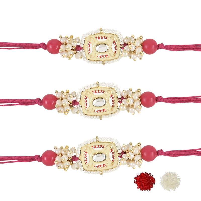 Etnico I Jewels Pearl & Kundan Designer Bhaiya Rakhi With Roli Chawal for Brother/Bro/Men with Rakshabandhan Card (R106Q-3) (Pack of 3)