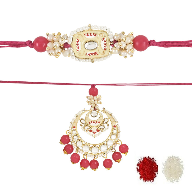 Etnico I Jewels Designer Kundan & Pearl Hanging Bhaiya Bhabhi Lumba Rakhi Combo Set with Roli Chawal and Rakshabandhan Card (R106Q-CO)