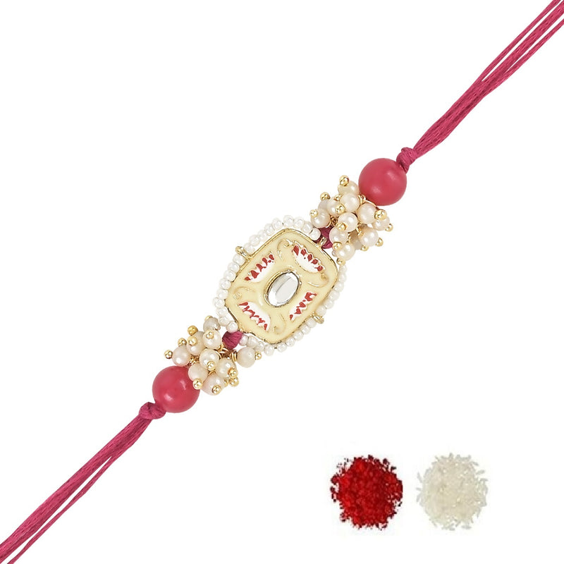 Etnico I Jewels Pearl & Meenakari Designer Bhaiya Rakhi With Roli Chawal for Brother/Bro/Men with Rakshabandhan Card (R106Q)