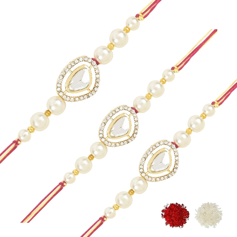 Etnico I Jewels Pearl & Kundan Designer Bhaiya Rakhi With Roli Chawal for Brother/Bro/Men with Rakshabandhan Card (R107W-3)(Pack of 3)