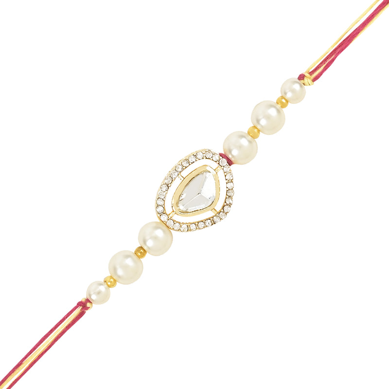 Etnico I Jewels Designer Kundan & Pearl Bhaiya Bhabhi Lumba Rakhi Set with Adjustable Pull Chain with Roli Chawal and Rakshabandhan Card (R107W-CO)